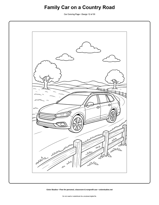Family Car on a Country Road printable car coloring page.