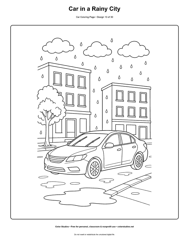 Car in a Rainy City printable car coloring page.