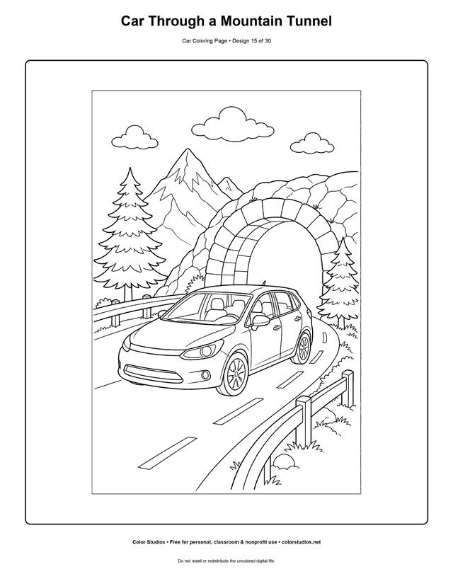 Car Through a Mountain Tunnel printable car coloring page.