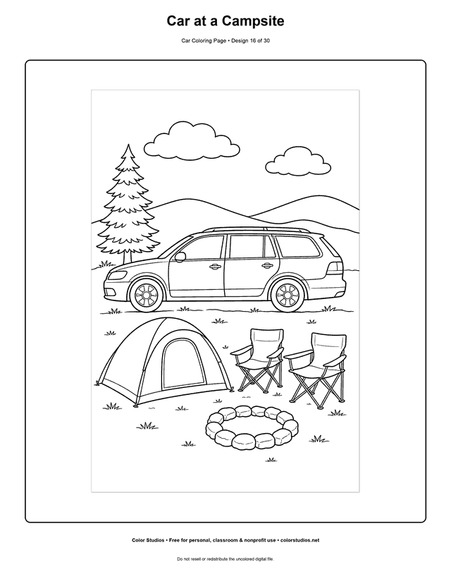 Car at a Campsite printable car coloring page.