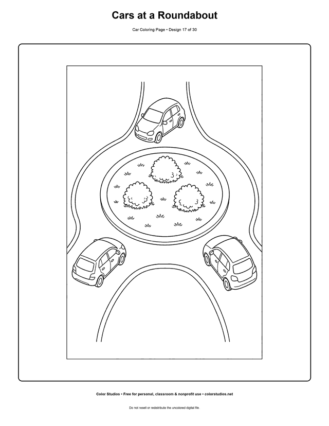 Cars at a Roundabout printable car coloring page.