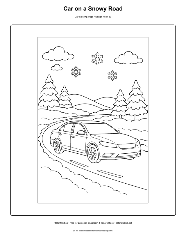 Car on a Snowy Road printable car coloring page.