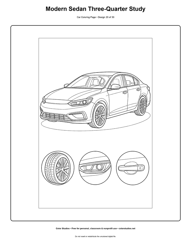 Modern Sedan Three-Quarter Study printable car coloring page.