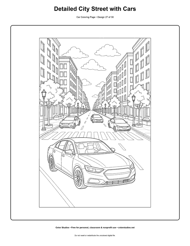 Detailed City Street with Cars printable car coloring page.