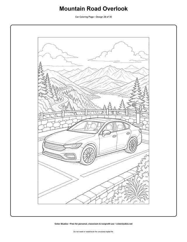 Mountain Road Overlook printable car coloring page.