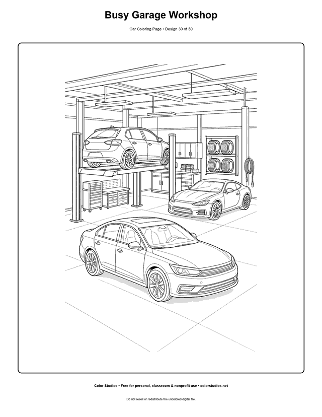 Busy Garage Workshop printable car coloring page.
