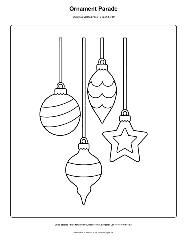 Four large patterned Christmas ornaments easy coloring page.