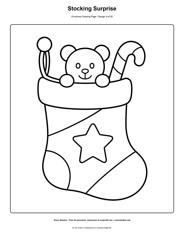 Large Christmas stocking with a teddy bear and candy cane easy coloring page.