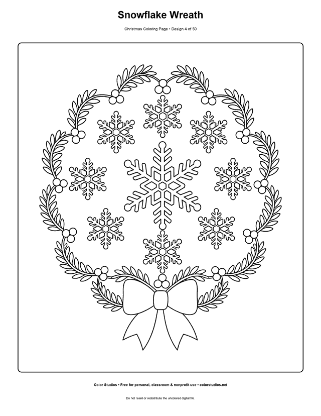 Detailed circular wreath of snowflakes, evergreen sprigs, berries, and a ribbon coloring page.