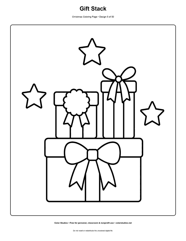 Three large wrapped Christmas presents stacked with simple bows coloring page.