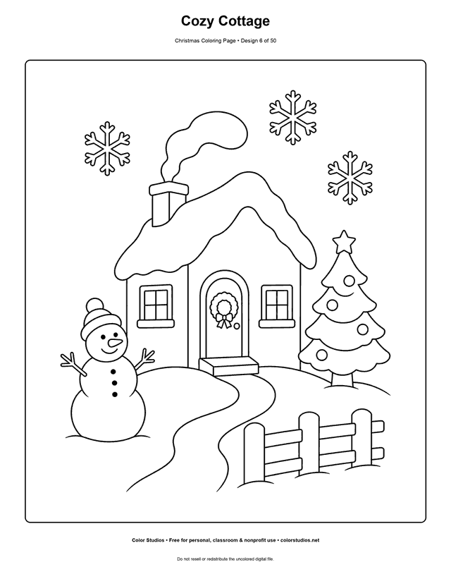 Snow-covered Christmas cottage with a wreath, tree, snowman, and path coloring page.