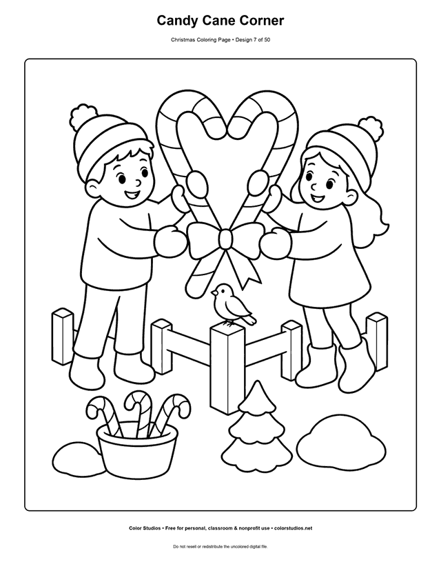 Two children making a heart from large candy canes beside a snowy fence coloring page.