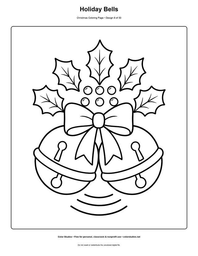 Two large Christmas jingle bells with a bow and holly easy coloring page.