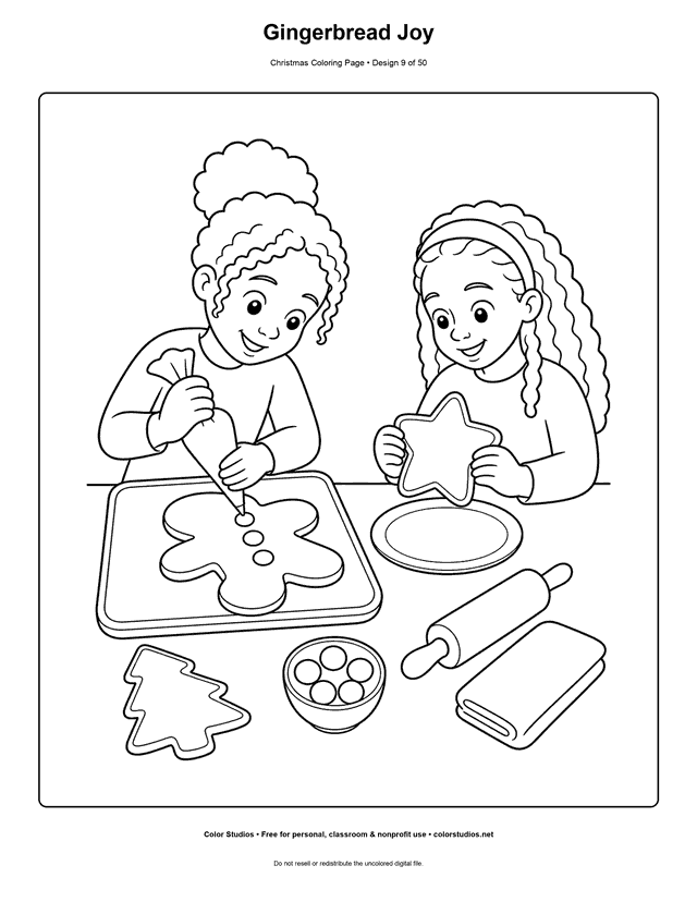 Two children decorating gingerbread cookies at a kitchen table coloring page.