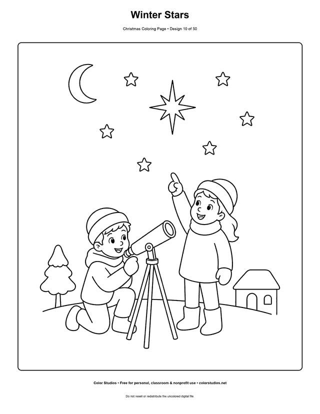 Two children using a telescope beneath seven large winter stars coloring page.