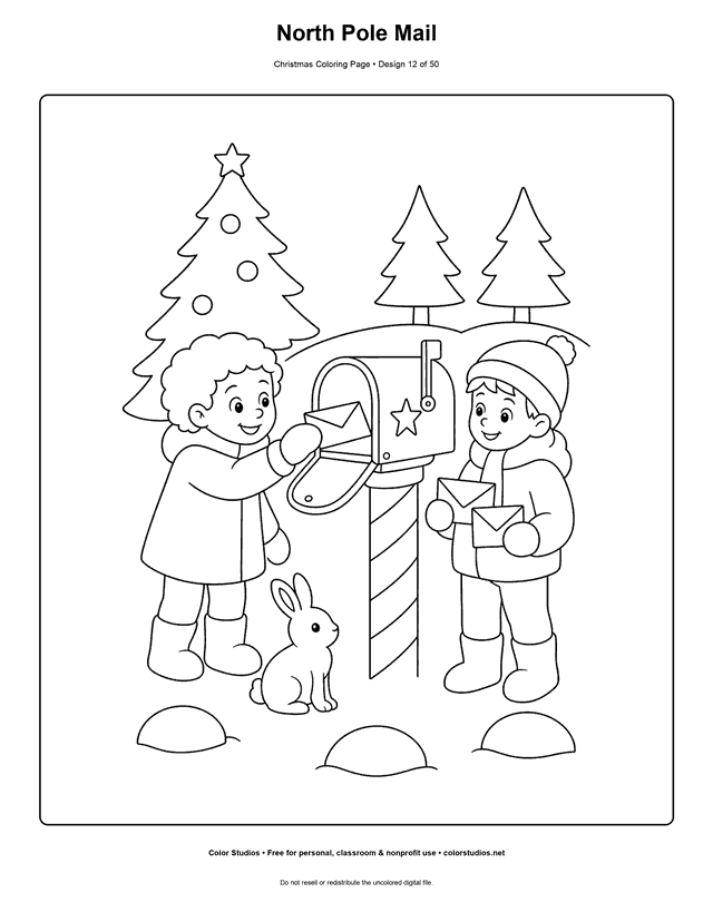 Two children mailing sealed Christmas letters at a striped post mailbox coloring page.