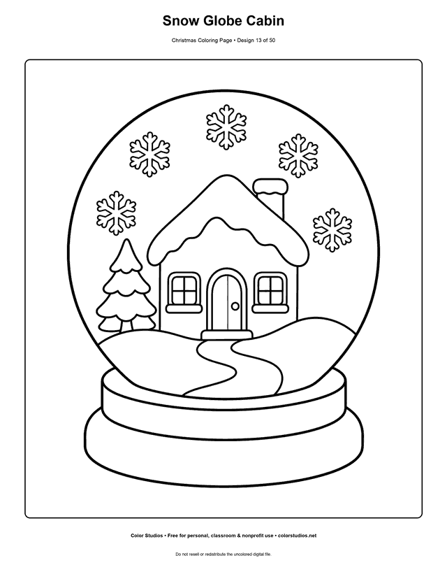 Large Christmas snow globe with a snowy cabin and evergreen easy coloring page.