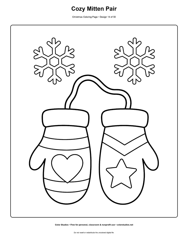 Two large patterned Christmas mittens connected by a cord easy coloring page.
