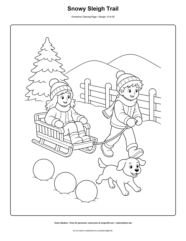 Two children pulling a wooden Christmas sleigh with a small dog coloring page.