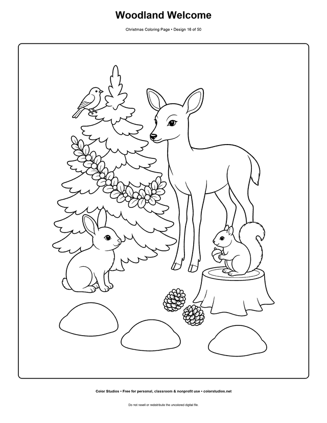 Deer, rabbit, squirrel, and bird beside a decorated woodland evergreen coloring page.