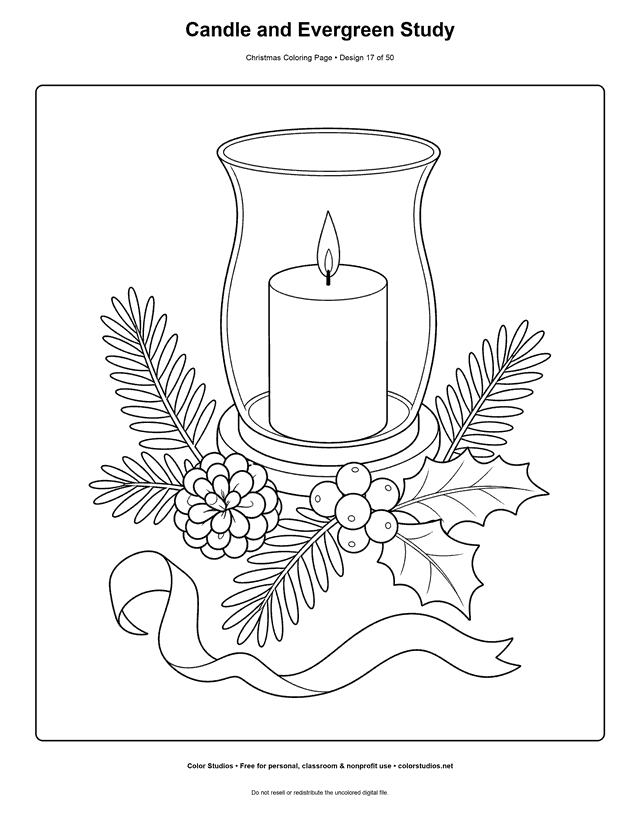 Realistic Christmas candle in hurricane glass with evergreen, holly, pinecone, and berries coloring page.