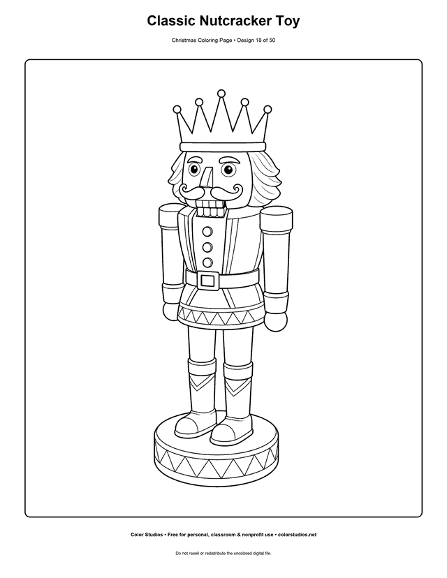 Generic wooden Christmas nutcracker toy in a balanced front view coloring page.