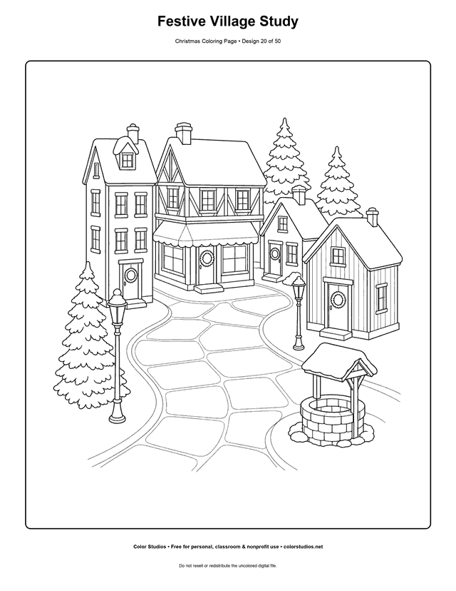 Four-building Christmas village with snowy roofs, lampposts, a well, and fir trees coloring page.