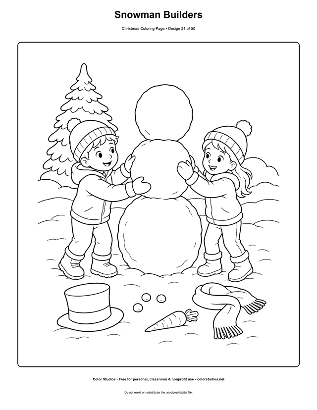 Two children building a snowman beside a fir tree coloring page.