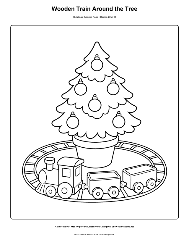 Wooden toy train circling a small decorated Christmas tree coloring page.