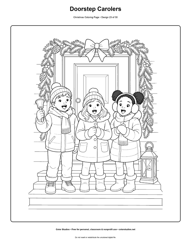Three children singing Christmas carols at a decorated doorway coloring page.