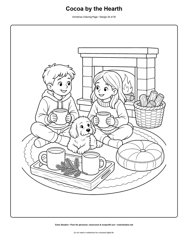 Two children holding cocoa with a dog beside a Christmas fireplace coloring page.