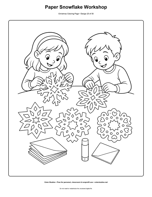 Two children making six paper snowflakes at a Christmas craft table coloring page.