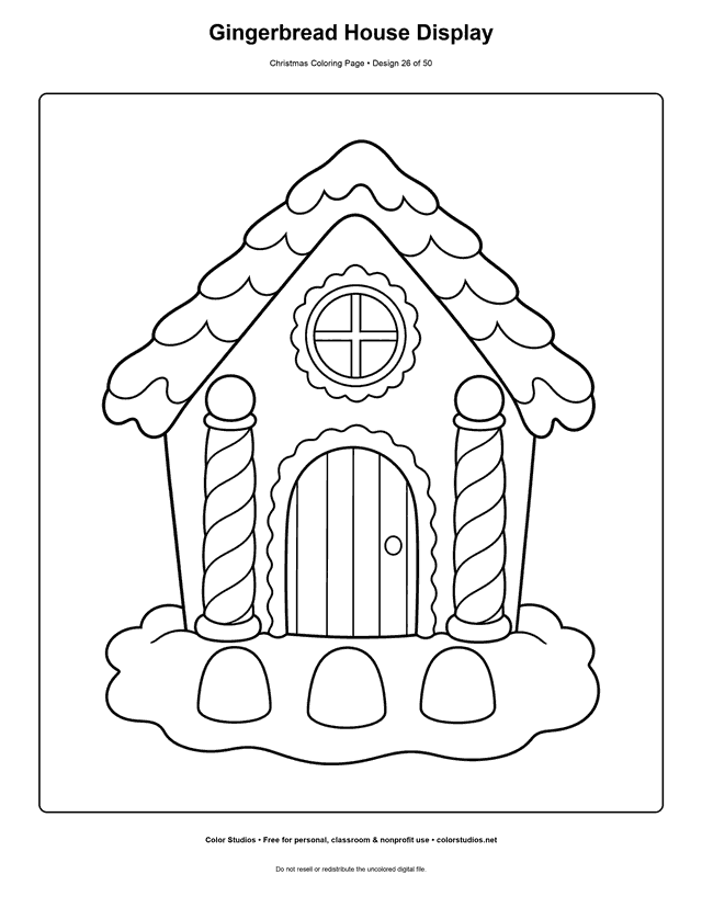 Large gingerbread house with icing and candy shapes coloring page.