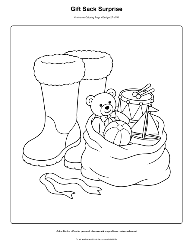 Christmas boots beside a gift sack filled with classic toys coloring page.