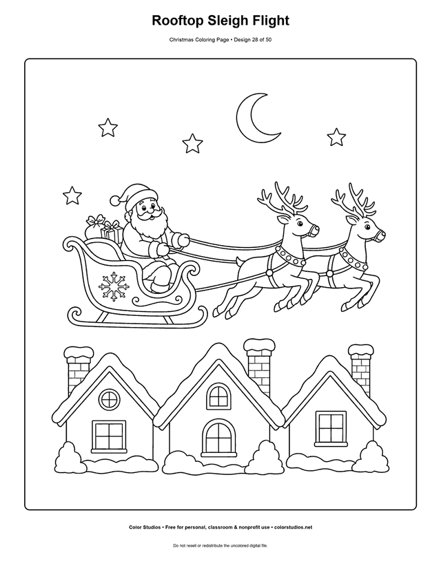 Gift-bringer flying in a sleigh with two reindeer above snowy rooftops coloring page.