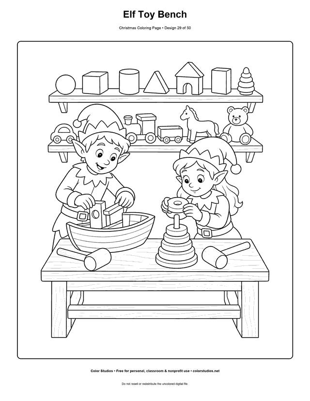 Two holiday elves assembling wooden toys at a workshop bench coloring page.