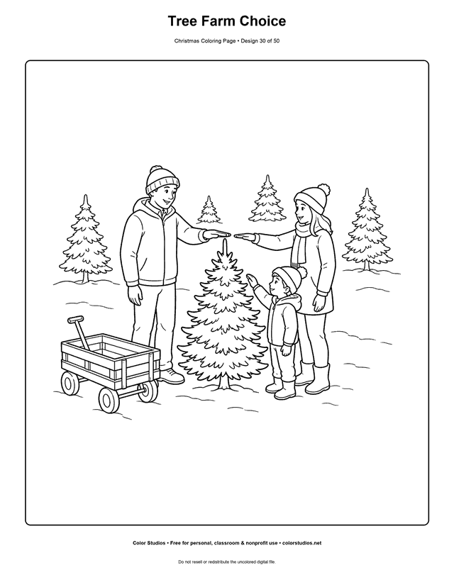 Family choosing an evergreen at a snowy Christmas tree farm coloring page.