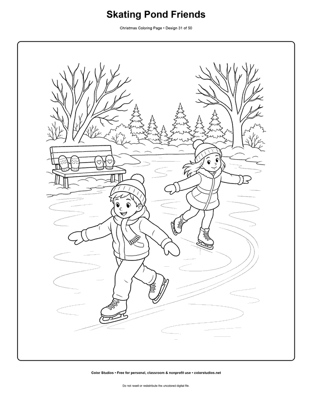 Two children ice skating on a frozen pond coloring page.