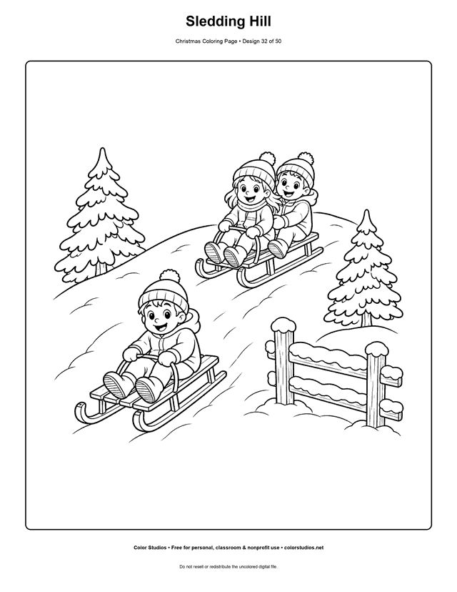 Three children riding two sleds down a snowy hill coloring page.