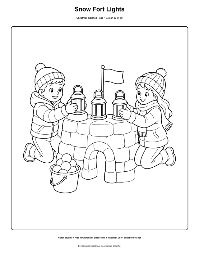 Two children decorating a snow fort with lanterns coloring page.