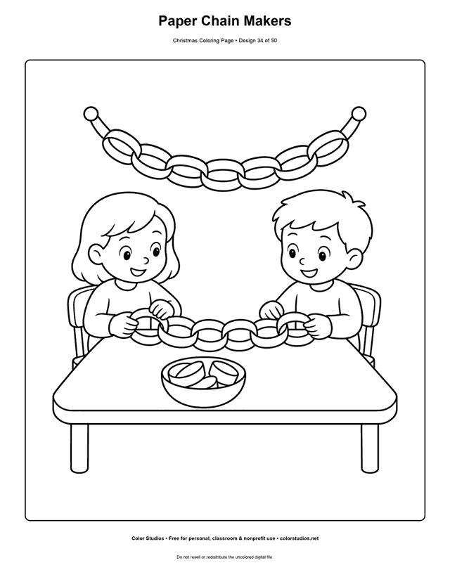 Two children making a large paper chain at a table coloring page.