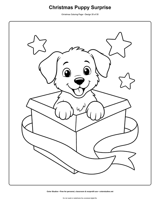 Puppy peeking from a ribboned Christmas box coloring page.