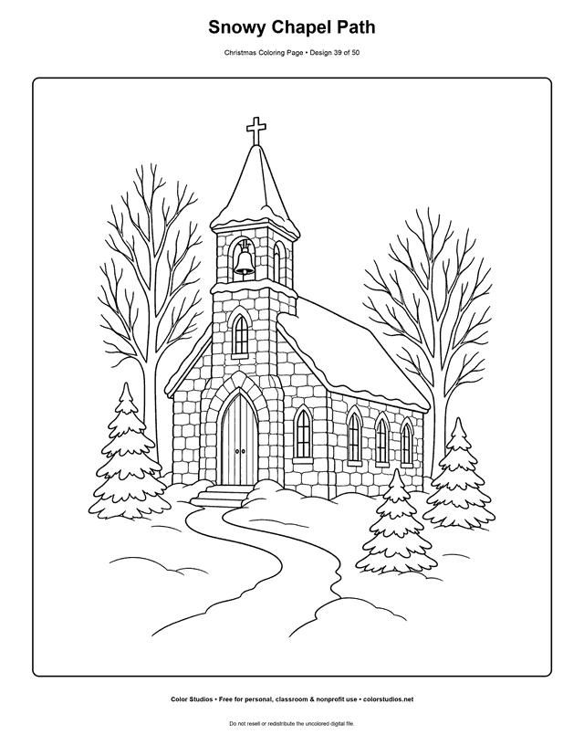 Small country chapel beside a winding snowy path coloring page.