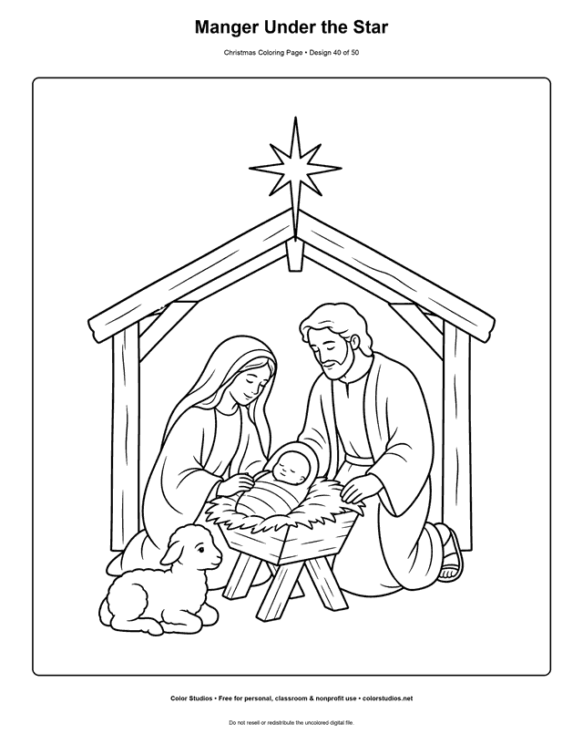 Simple manger scene beneath a large Christmas star coloring page.