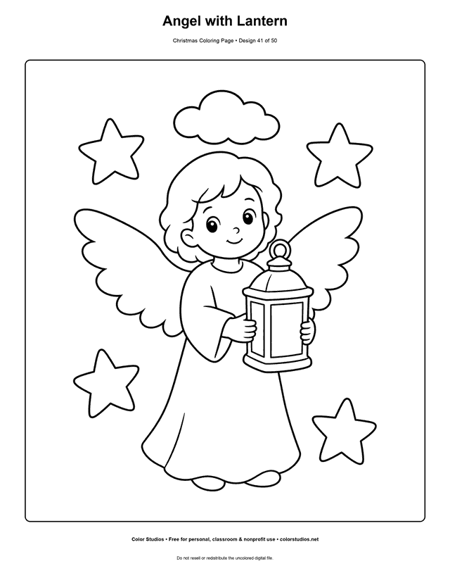 Childlike angel holding an enclosed lantern coloring page.
