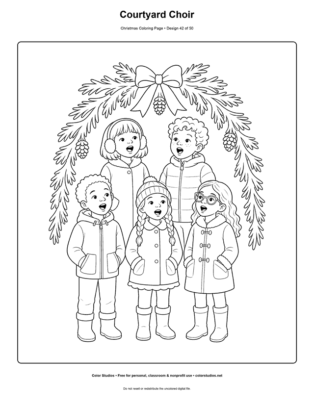 Five children singing beneath an evergreen arch coloring page.