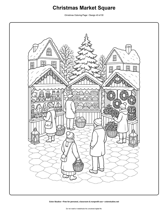 Snowy Christmas market with three stalls and a central evergreen coloring page.