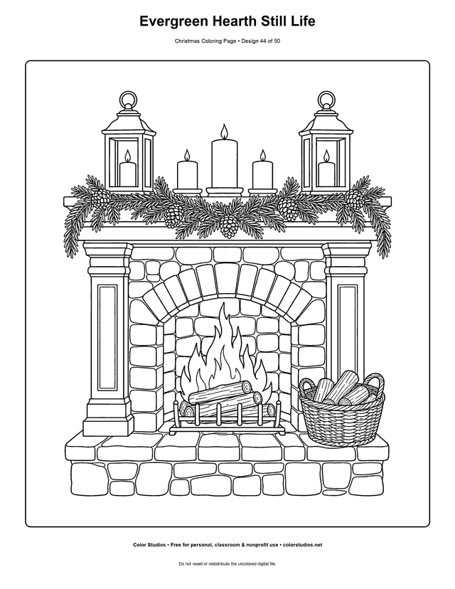 Detailed Christmas fireplace with evergreen garland and lanterns coloring page.