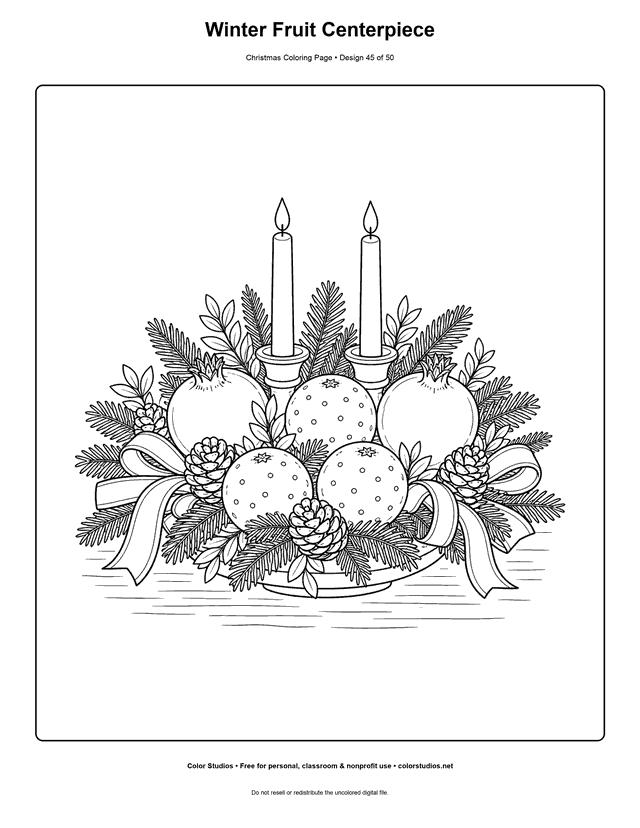 Winter fruit and evergreen Christmas centerpiece coloring page.