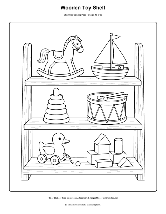 Shelf filled with classic wooden Christmas toys coloring page.